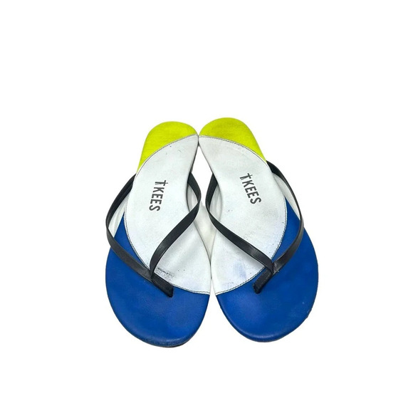 TKEES Neon‎ Yellow & Blue Colorblock Leather Thong Sandal Flip Flops Size US 8 - Picture 1 of 5
